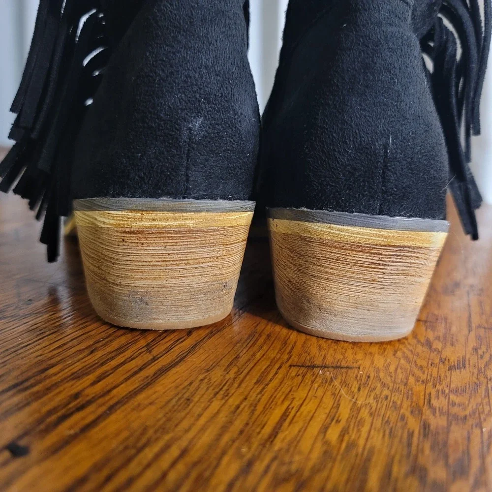 MiiM Sz 7 Western Faux Suede Fringed Ankle Boot Block Heel BLACK Boho